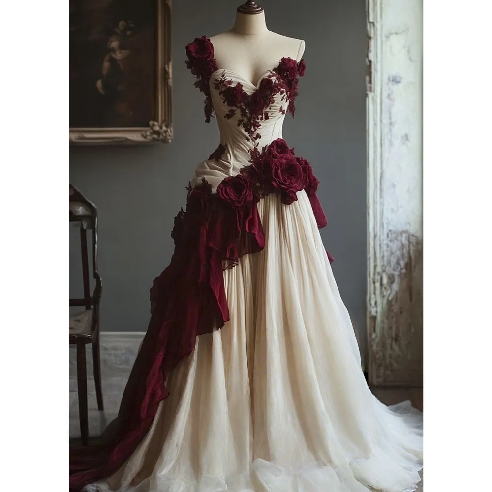 Vintage One Shoulder Evening Dresses 3D Floral Appliques Sweetheart Champagne And Burgundy Long Prom Dress 2025 Elegant Reception Dress