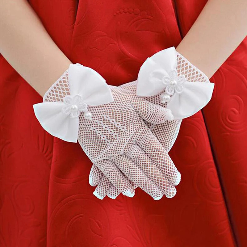 Mesh Bow White Gloves Dress Flower Girl Cute Simple Wedding Communion Party Princess Children Thin Short Elegant Mittens 250811