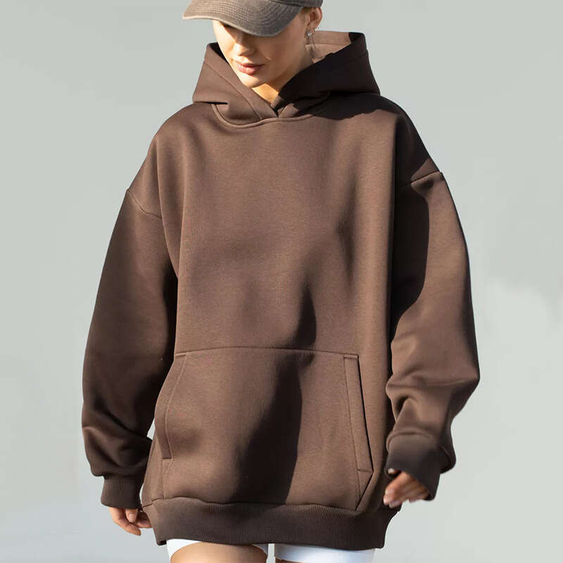 Women's Solid Color Long Sleeve Pocket Hooded Pullover Sweatshirt Loose Casual Sports Shirt