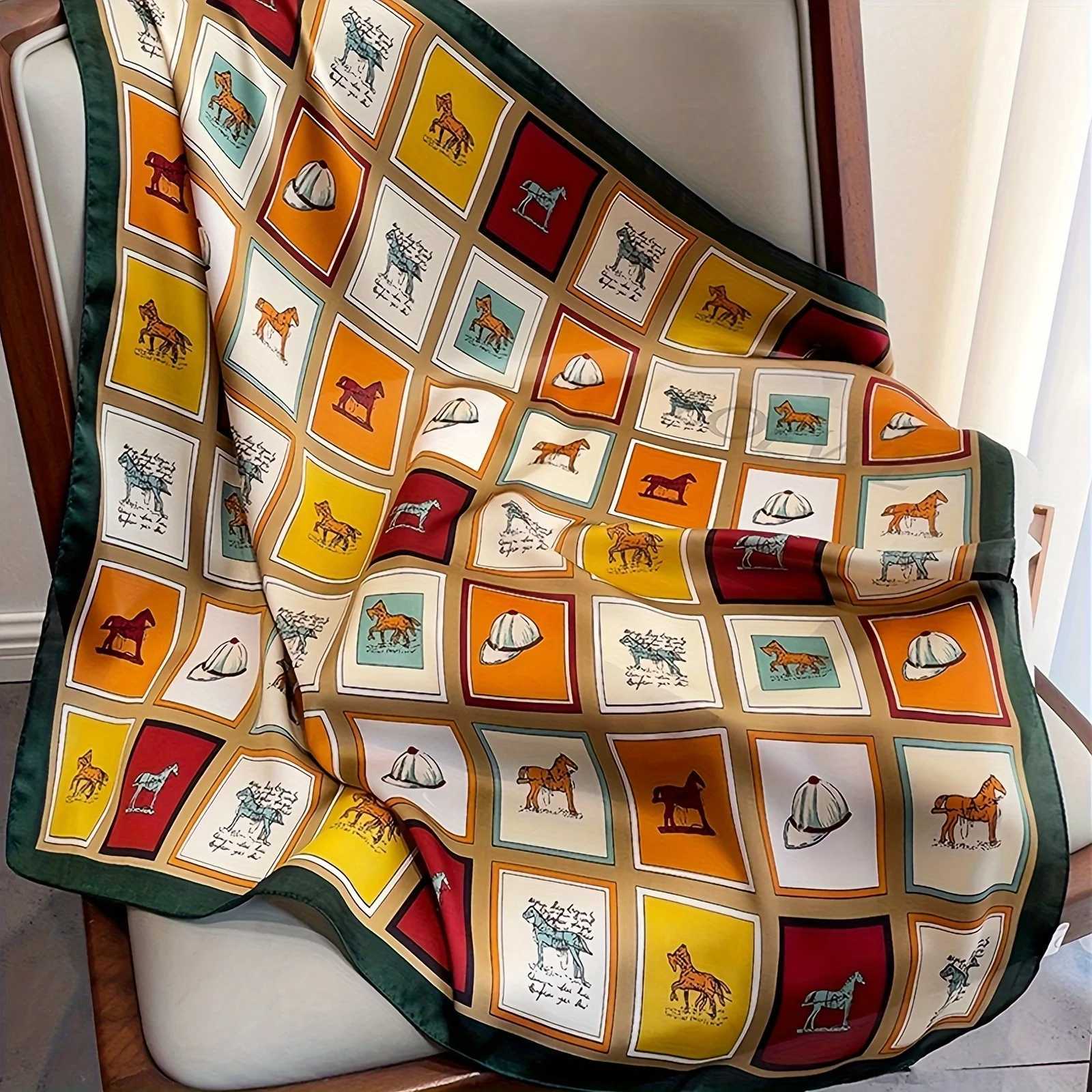 27.55 Grid Horse Print Square Scarf Simulated Silk Neck Scarf Stylish Sunscreen Headscarf For Women XJ250820