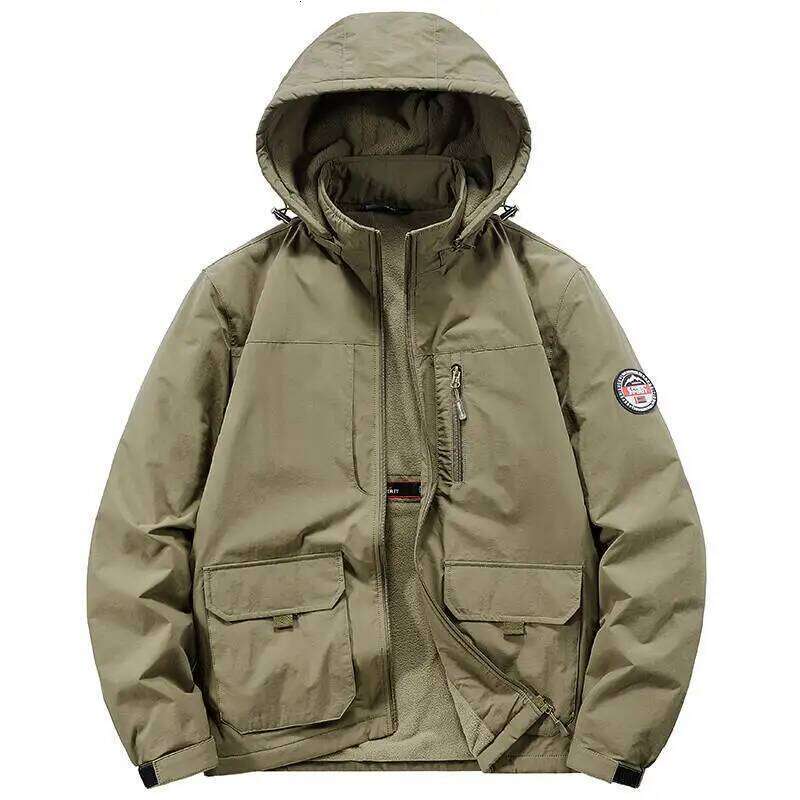 Men's Fleece-Lined Work Jacket Autumn Winter Windproof Thickened Casual Outwear Coat with Hood Outdoor Sport Cotton Parka Coats