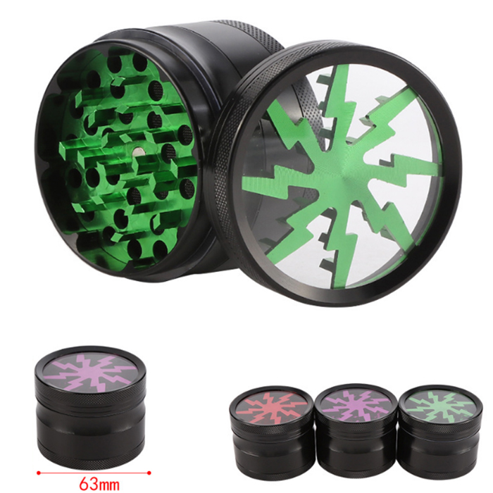 Smoking Herb Grinder Four Layers Aluminium Alloy Material Crusher Dia 63mm With Clear Top Window Lighting Tobacco Grinders Factory price
