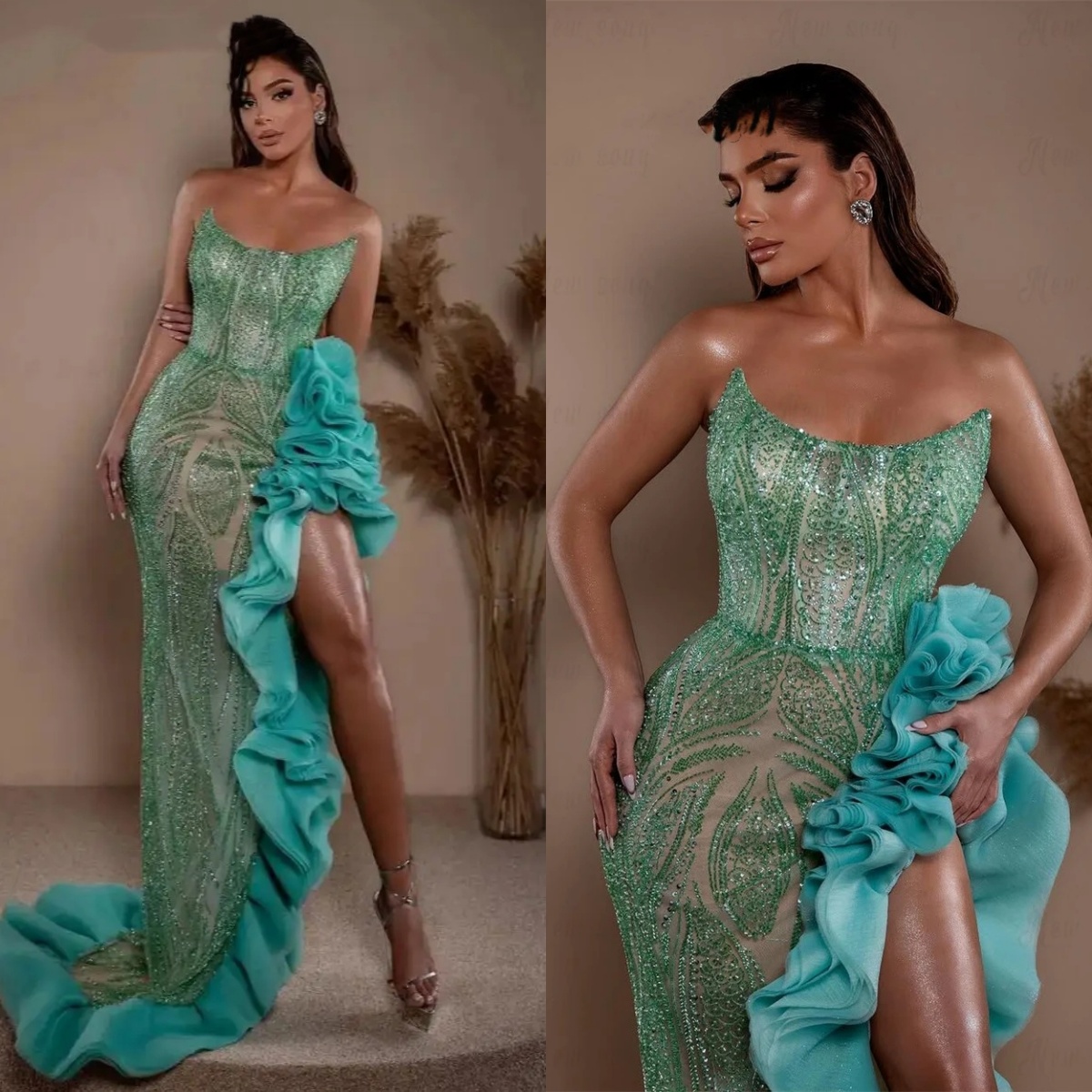 Sexy Strapless Sequined Evening Dresses Customized Sparkly Sleeveless Ruffle Prom Dress Side Slit Floor Length Party Gown