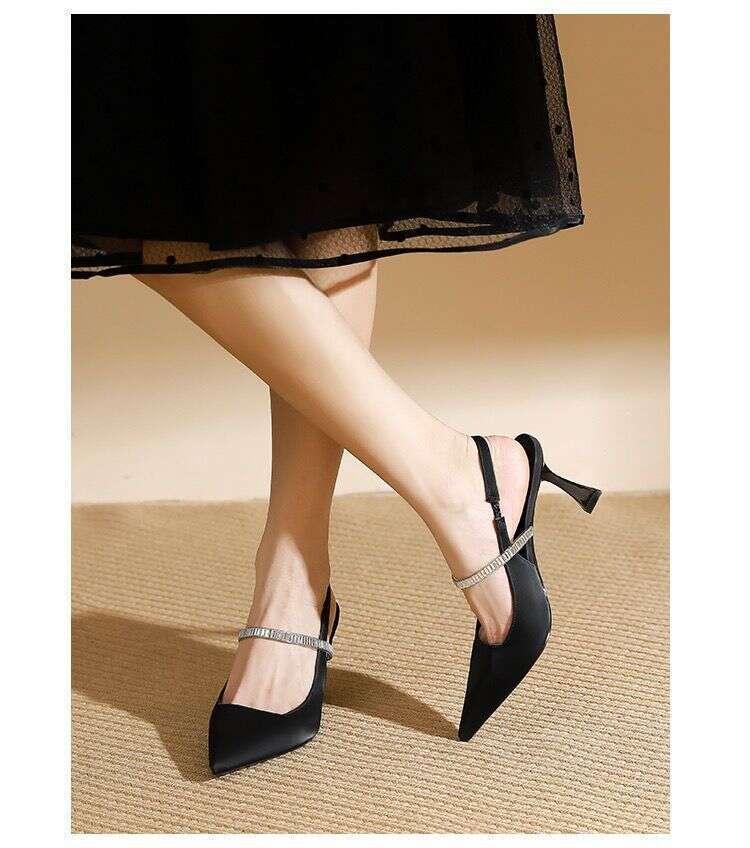 French Style High-Quality Pointed Toe High Designer Shoes Heels with Rhinestones, Niche Design, Suitable Dresses, Single Shoes, Sandals for Women, Bla