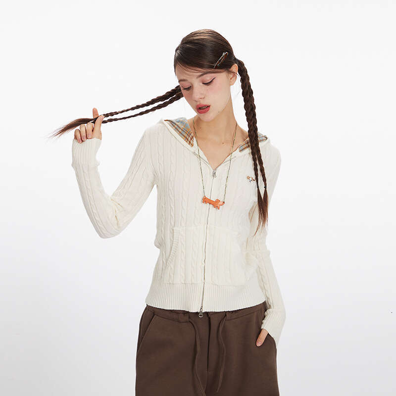 Heyhenry Hooded V-Neck Cable Knit Casual Hot Girl Slim Fit Long Sleeve Zipper Cardigan Short Top For Women B5