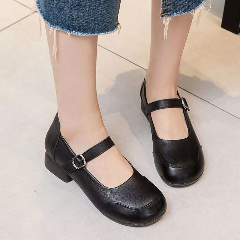 2025 Genuine Leather Summer Women's Shallow Mary Jane Thick Heel Soft Sole Versatile Fashionable Breathable Single Shoes for Moms