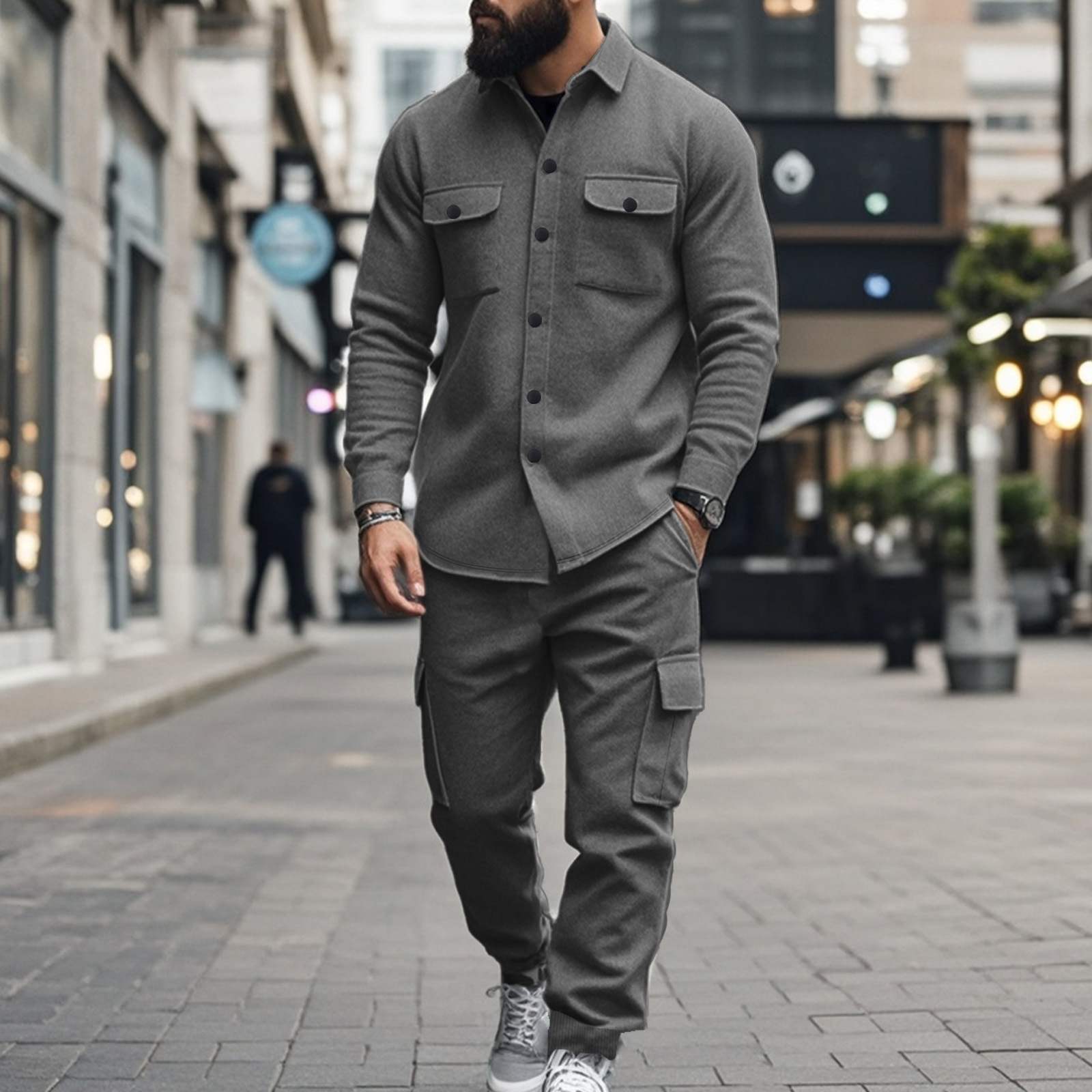 American mens fleece workwear tracksuits Cargo Pants outdoor tactical hunting suit lapel jacket set loose warm Trousers two piece set