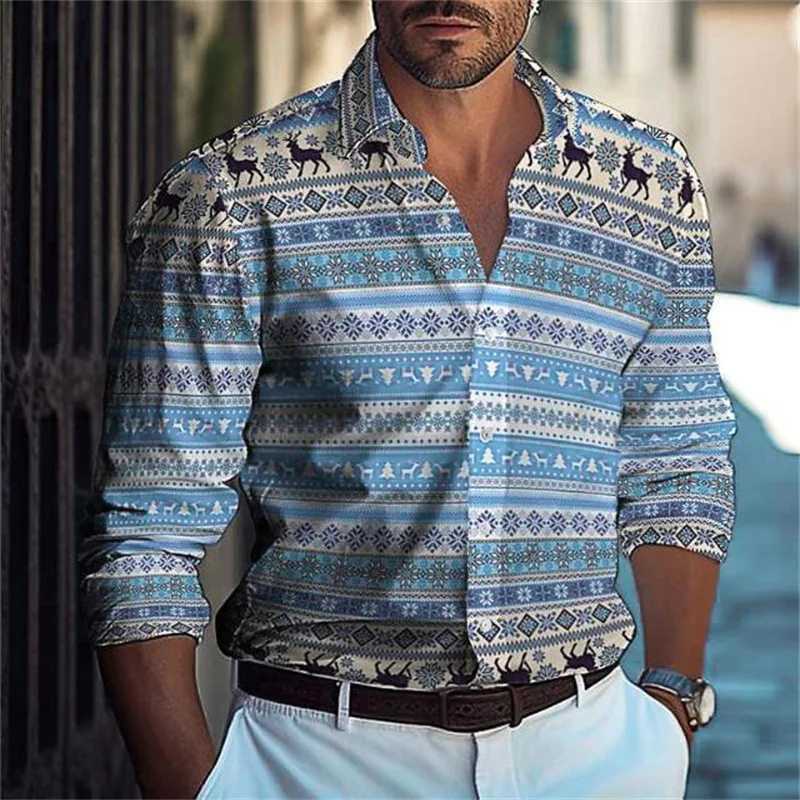 Hawaiian Mens Shirts Blue Plaid Color Block Button Up Shirts Casual Summer Beach Shirts Long Sleeve Lapel Comfortable Clothing Y250819