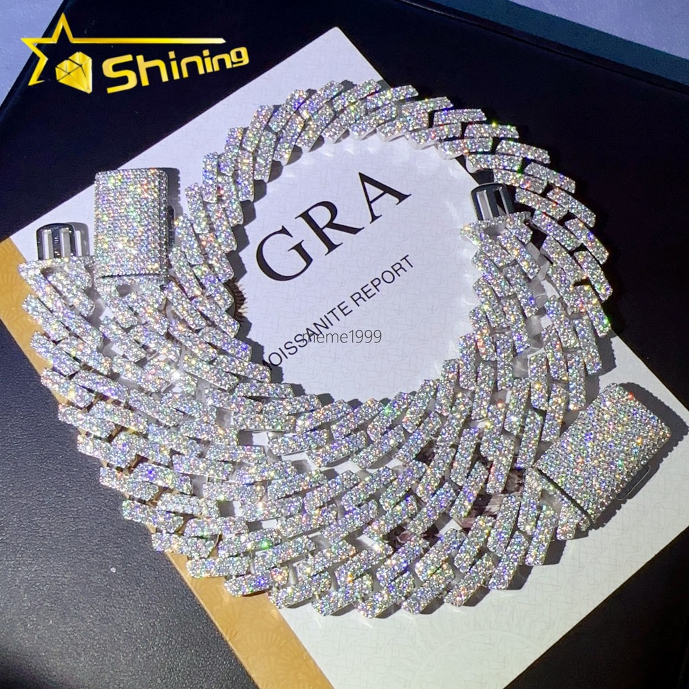 Top Trendy 15mm 2 Rows Iced Out Bling Vvs1 d Color Moissanite Diamond Cuban Chain Hip Hop Necklace Jewelry