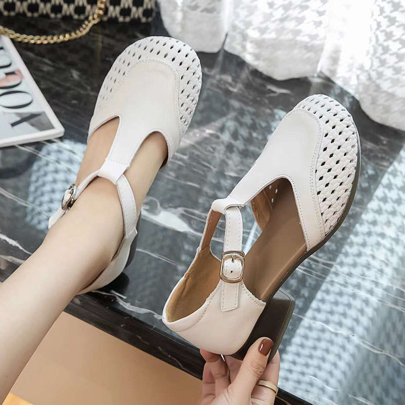 4.0cm French Hollow Woven Mid-Heel Sandals Women, Genuine Leather, Casual Lazy Mules for Moms
