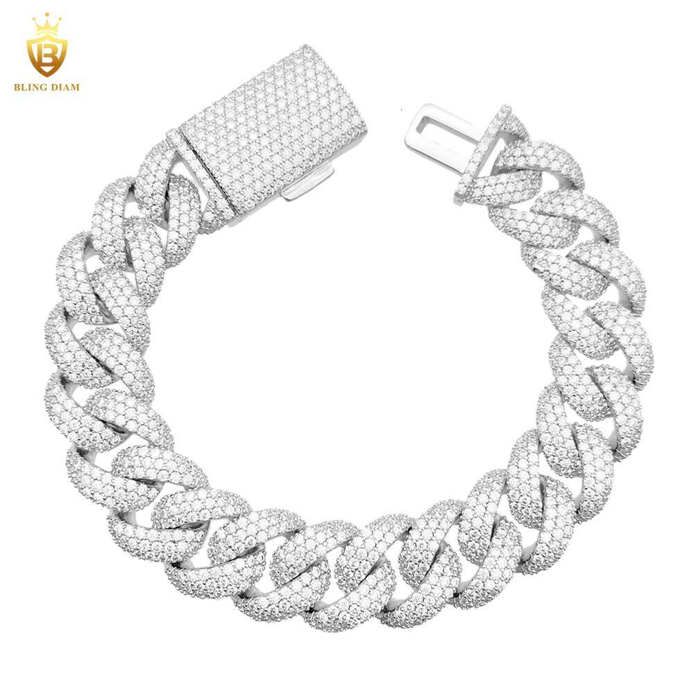 3 Row Iced Out Hip Hop 15mm Cuban Link Chain Bracelet Necklace 925 Sterling Silver VVS Moissanite Pass Diamond Tester