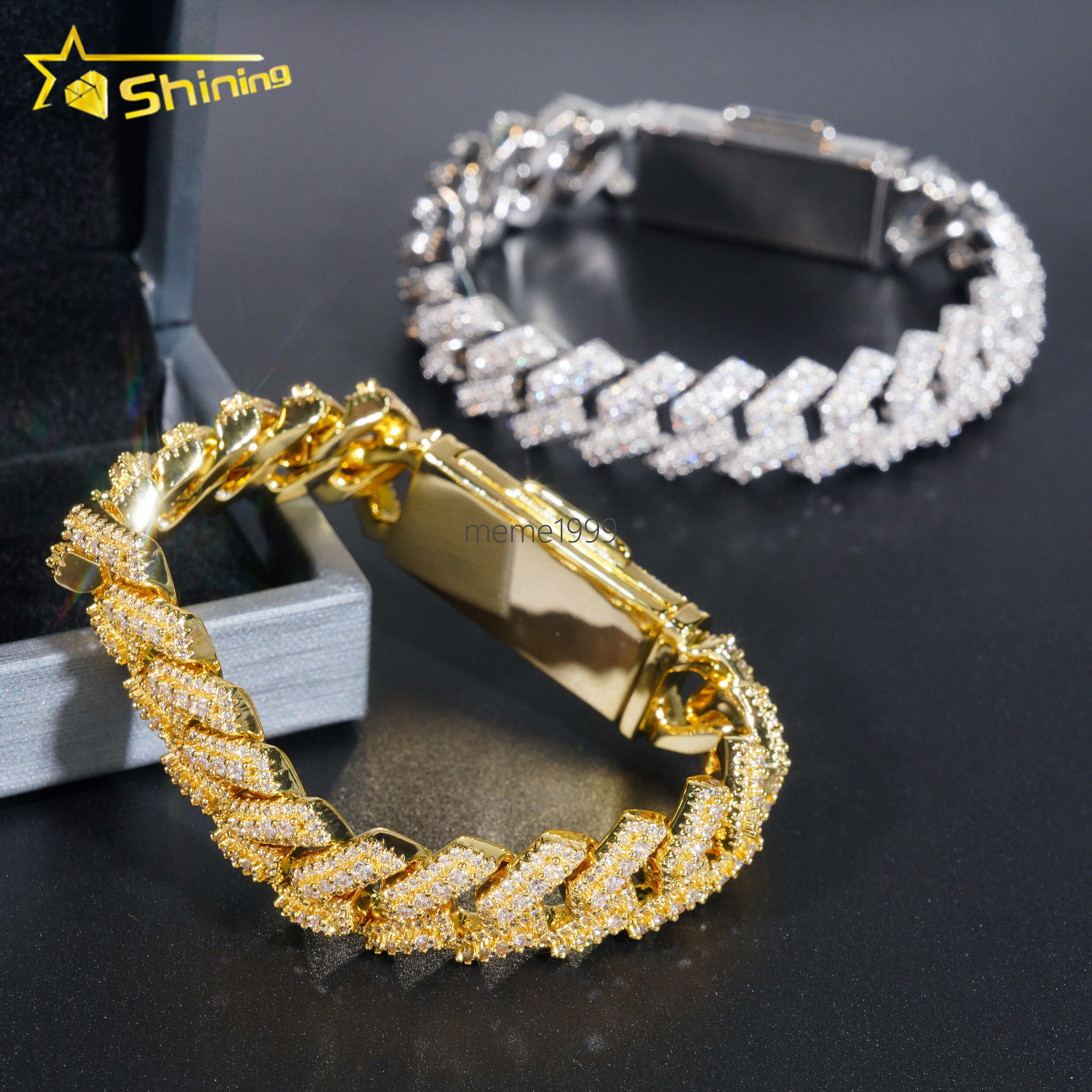 Fashion Hip Hop Jewelry Cuban Link Chain Men 2Rows 15MM Width 18K Gold Plated Round moissanite Brass Cuban Chain