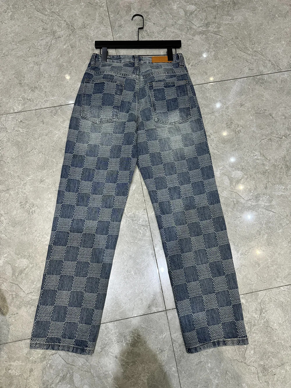 Plaid Pattern Light Blue Mens Jeans Y2k Mid Waist Distressed Pants Loosen Males Streetwear 250820