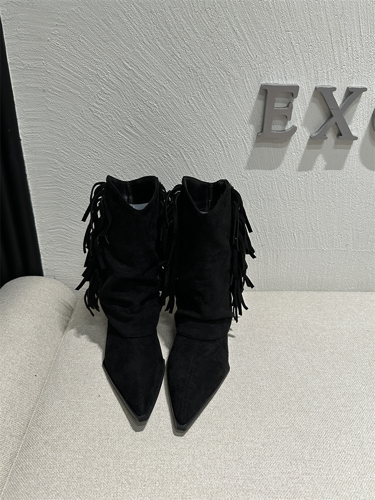 Real leather black grey pointed toe ankle for women 8 cm high heel fringe tassel short boots ladies bota feminina Y200115