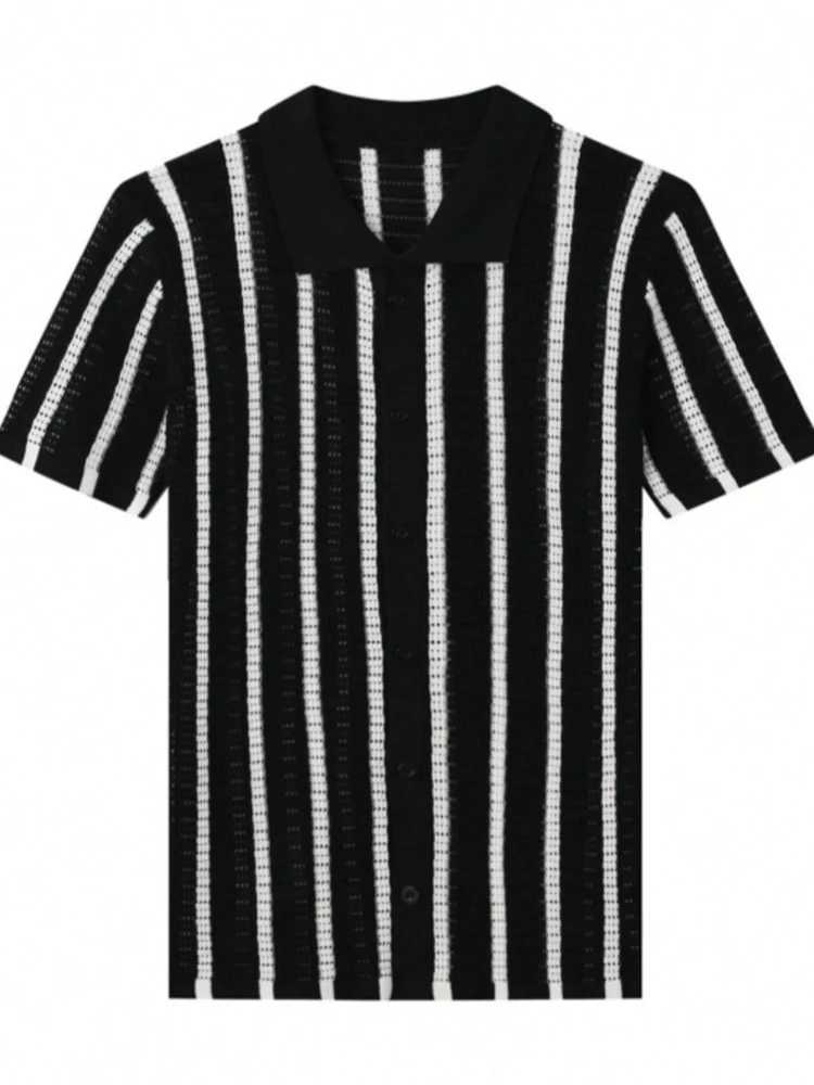 2025 Summer Casual Knit Shirts For Mens Fashion Striped Crochet Breathable Shirt Men Daily Leisure Buttoned Short Sleeve Shirts Y250819