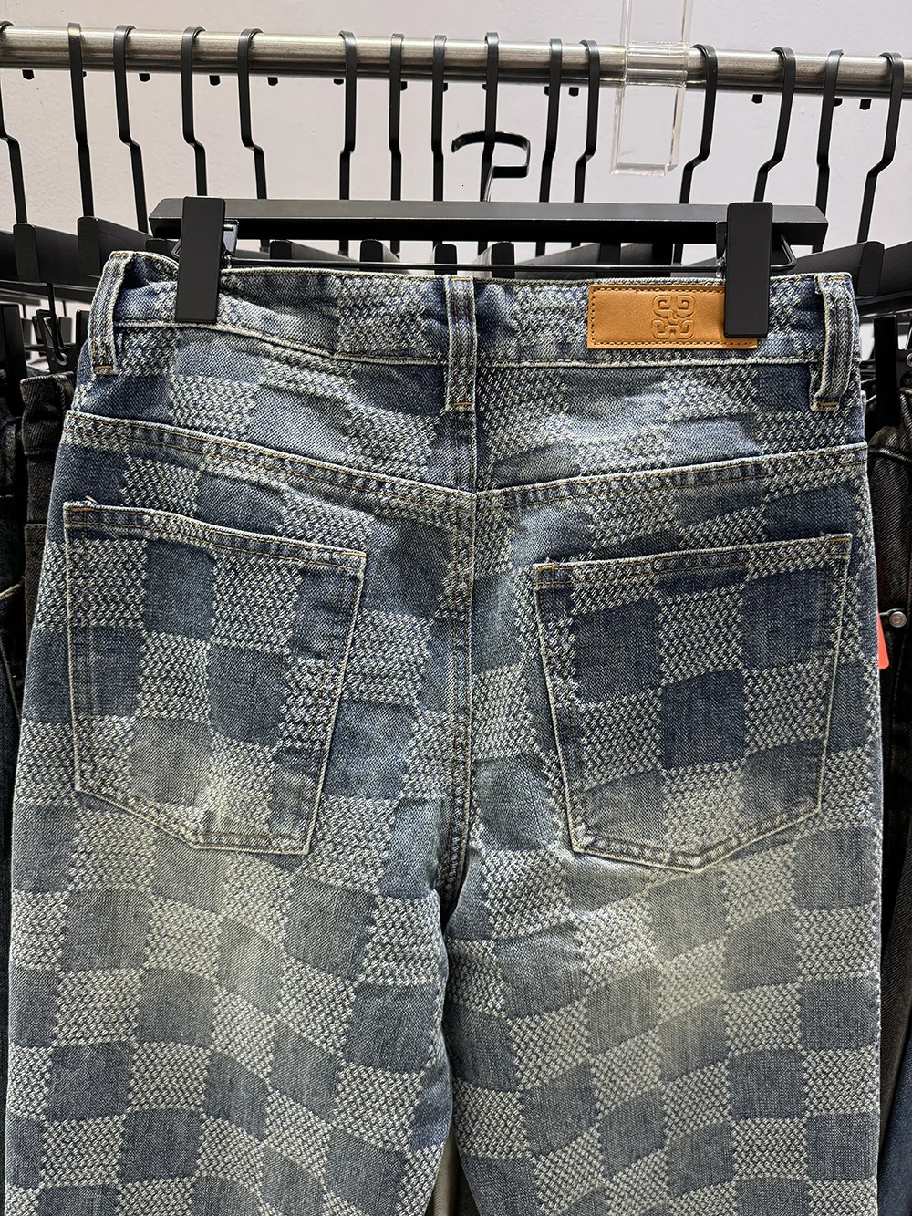 Plaid Pattern Light Blue Mens Jeans Y2k Mid Waist Distressed Pants Loosen Males Streetwear 250820