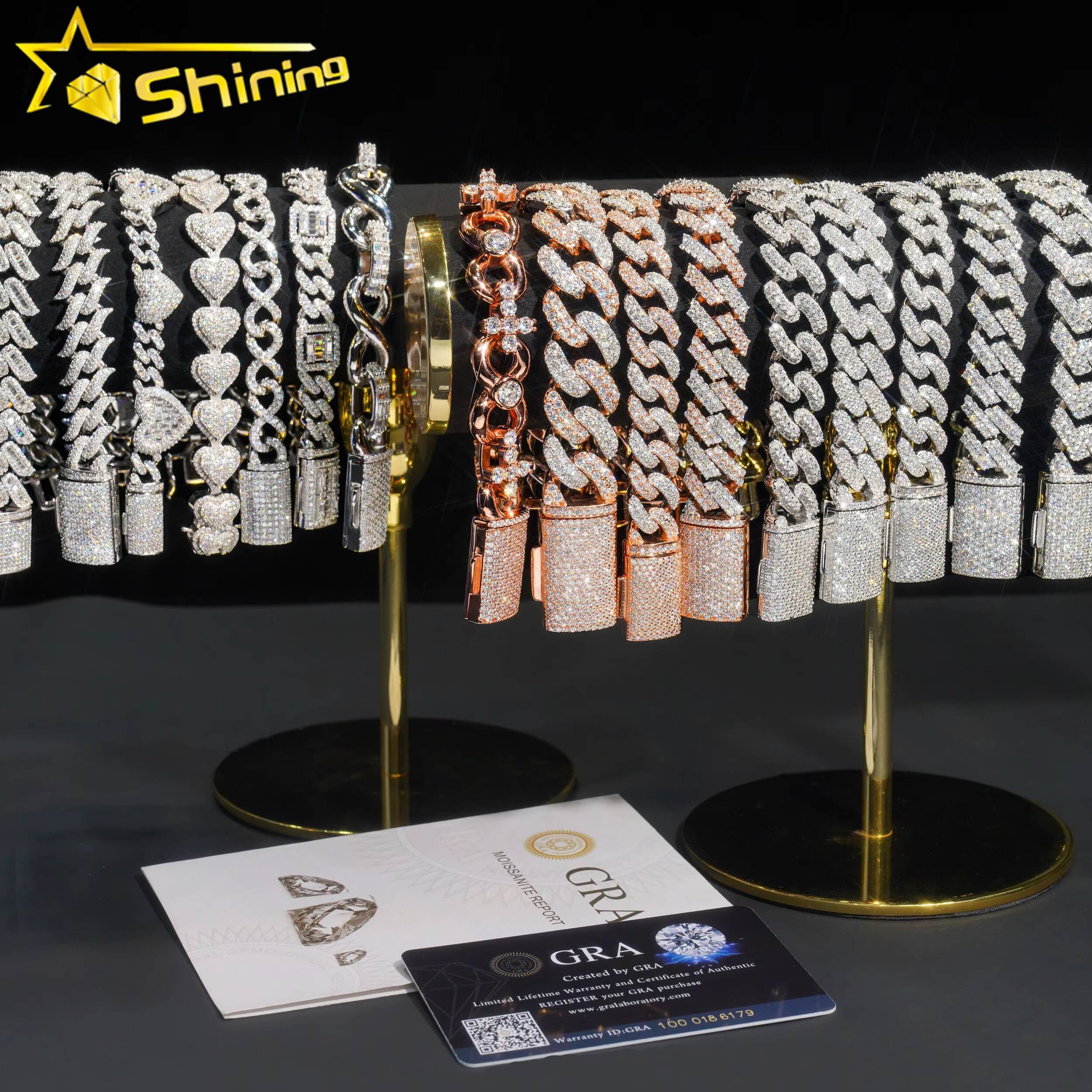 Fast Shipping Wholesale Price Sterling Silver 925 Iced Out Fine Hip Hop Jewelry Vvs Moissanite Diamond Cuban Link Bracelet Chain