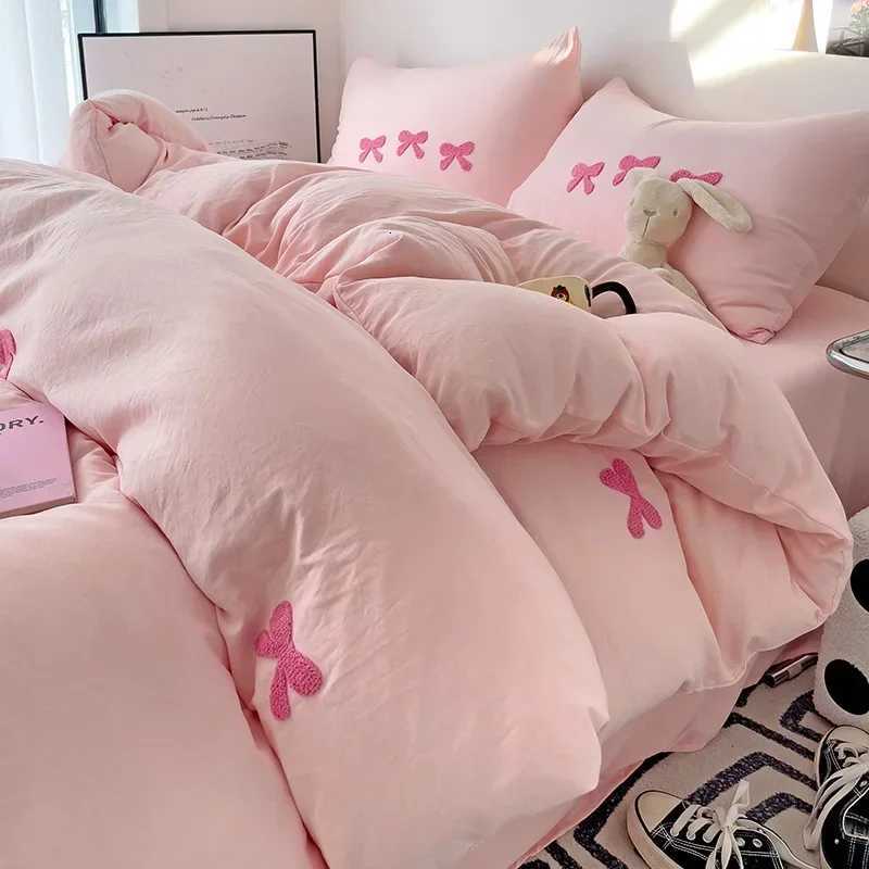 Cute Pink Bows Duvet Cover Set 3D Embroidery Bedding Sets Pink Bed Set Comfy Queen Comforter Covers Soft for Girls Kids Teens Y250819