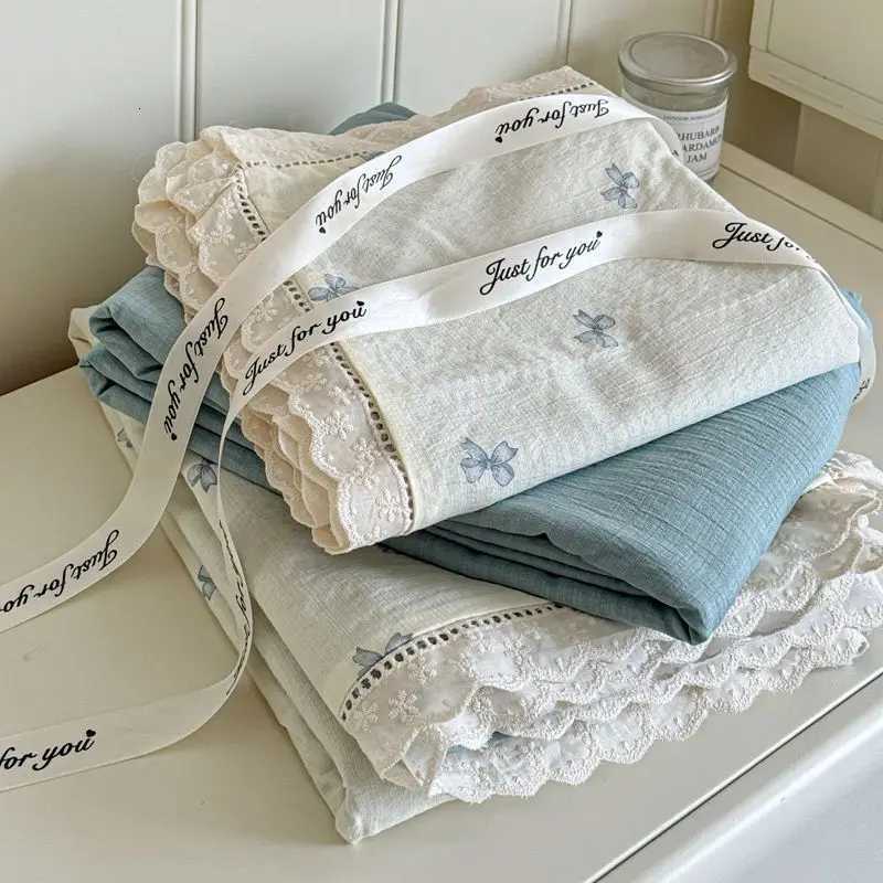 INS Korean Style Blue Bow Double Layer Gauze Four-Piece Set Simple Lace Edge Duvet Cover Bed Sheet Dormitory 3-Piece Set Y250819