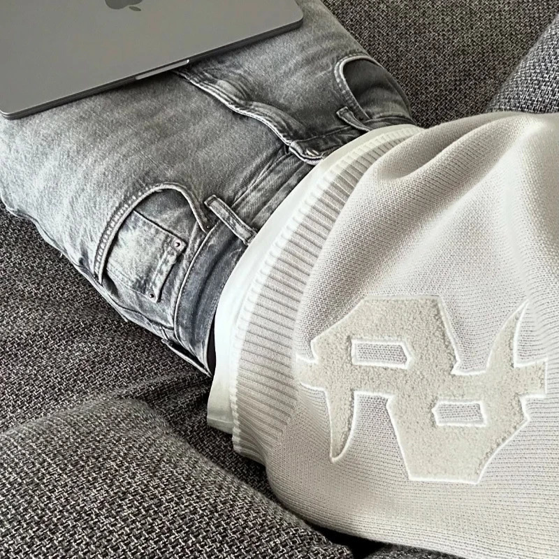 Y2K Grey Long Sleeve Sweater Dollar Gothic Embroidery Pullover Goth Retro Casual Streetwear Old Money Men Boxy Knitted Clothing 250820