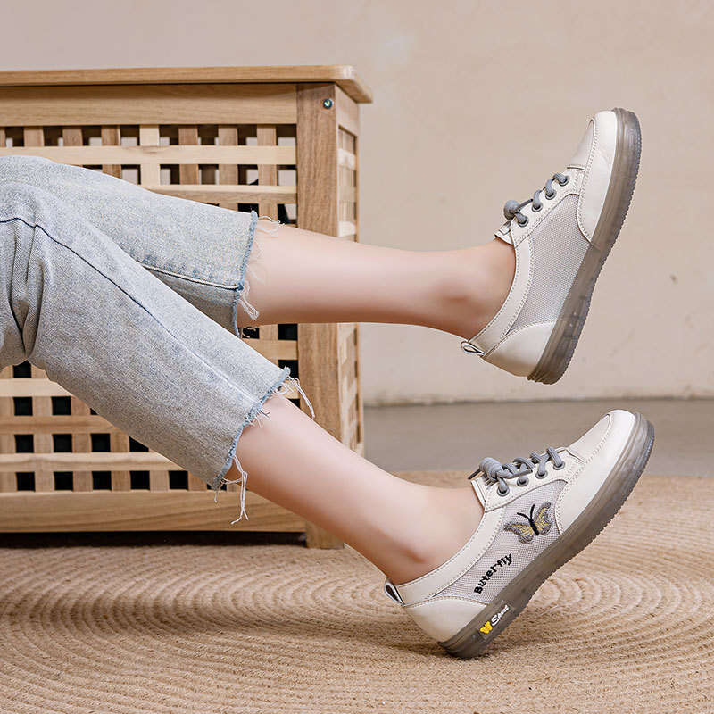 2025 Spring and Autumn New Mesh for Women, Casual Leather Soft Sole Flat Shoes, Butterfly Slip-On Sneakers, Large Size Women's Shoes