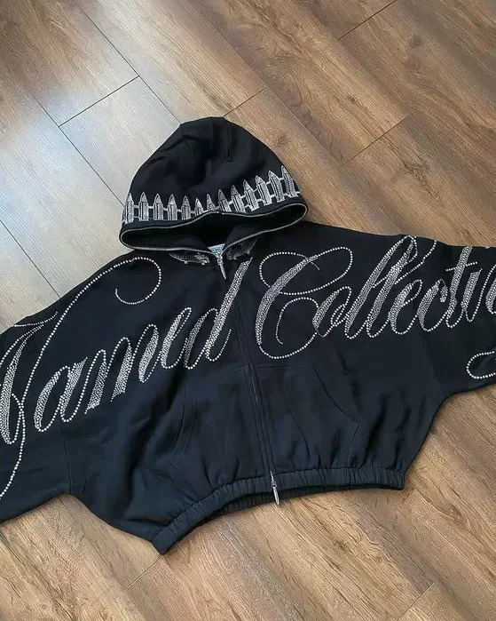 American Retro Cropped Hoodie Y2K Womens Hip Hop Letters Rhinestone Sequins Oversized Zipper Hoodie Sweatshirt Casual Jacket 250820