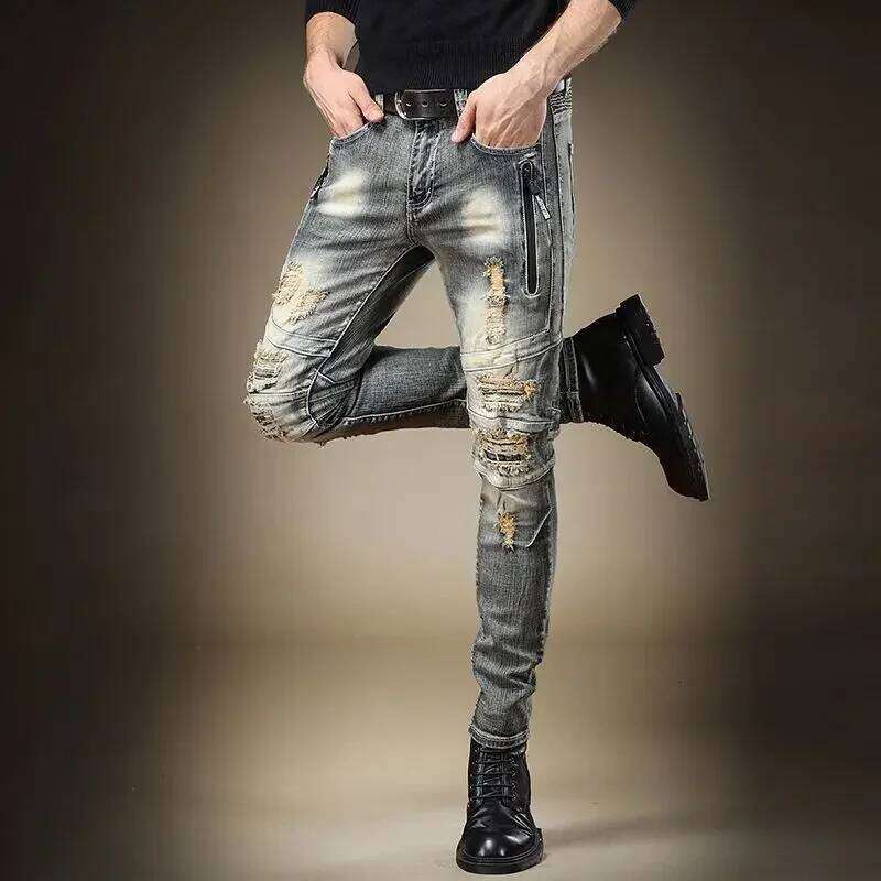 Broken Man Cowboy Pants with Holes Ripped Pockets Torn Tapered Jeans for Men Trousers Classic High Quality 2024 Trend Stacked Xs