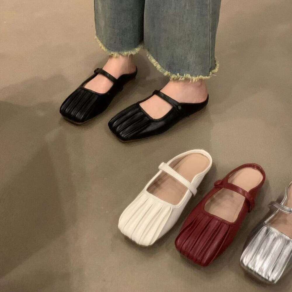 Silver Flat Closed-Toe Mules for Women, Summer 2023 New Style, Mom's Mary Jane Mules, Ladies' Sandals, Single Shoes