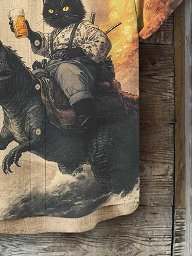 Mens Beige Shirt Black Cat Samurai Dinosaur With Beer Print Short Sleeve Fashion Harajuku Summer 2025 Holiday Shirts Oversized Y250819
