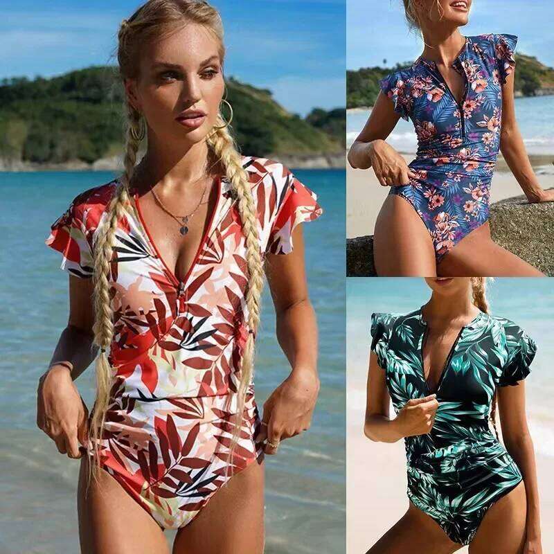 Vintage Print Women's Swimsuit One Piece Zipper Ruffle Swimwear Sexy High Cut Monokini Bathing Suit Women Surf Beachwear