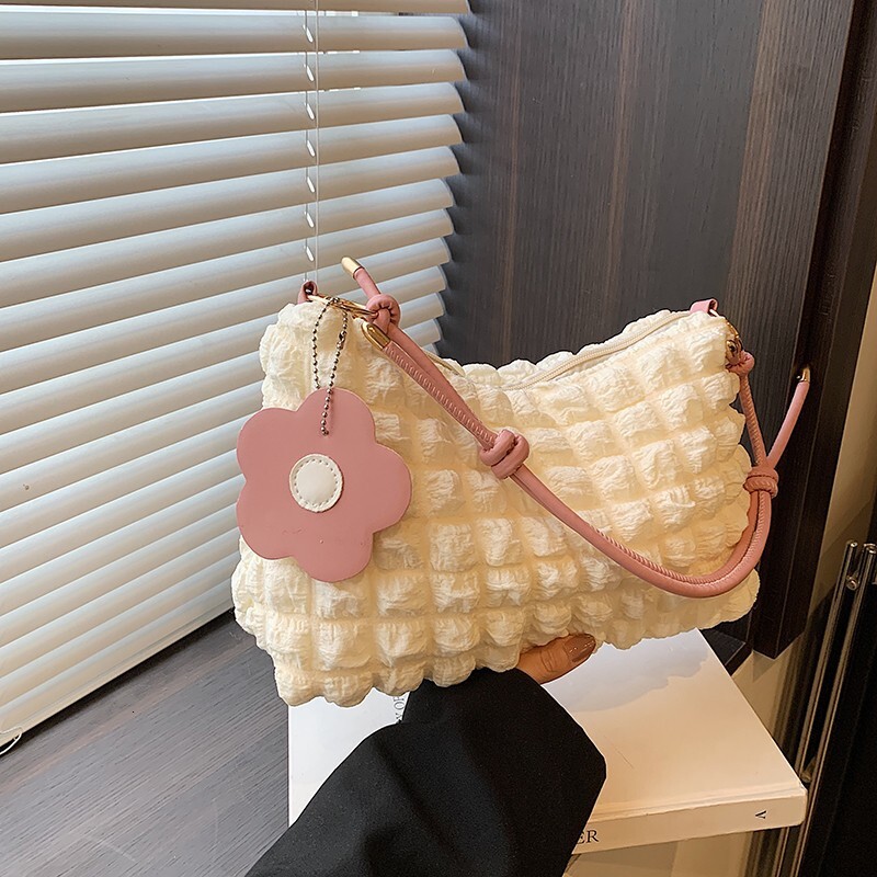 2025 Autumn Bubble Flower Women's Handheld Cylindrical Bag Korean Japanese Style Girl Texture Shoulder Handheld Lunch Bag Shopping Bag Women'