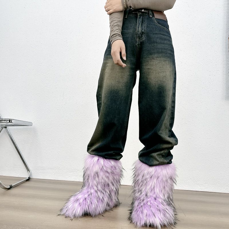 Feminine Winter Footwear: Cozy White Faux-Fur Mid-Calf Boots Featuring Comfortable EVA Sole & Stylish Cutout Design