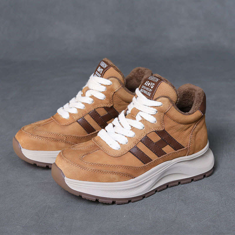 2024 Winter New Top Layer Cowhide High-Top Forrest Gump Shoes Women Korean Style Casual Sneakers with Fleece Lining for Warmth