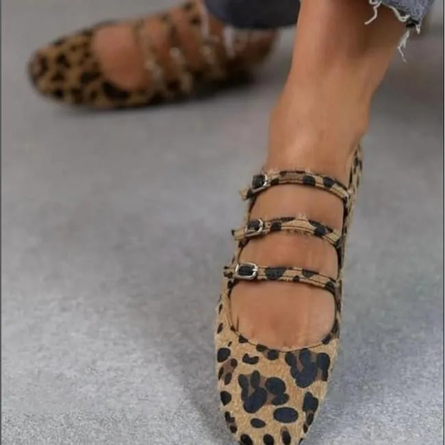2025 Casual Flat Shoes Three-Row Buckle Horsehair Leopard Print Womens Shoes 250820