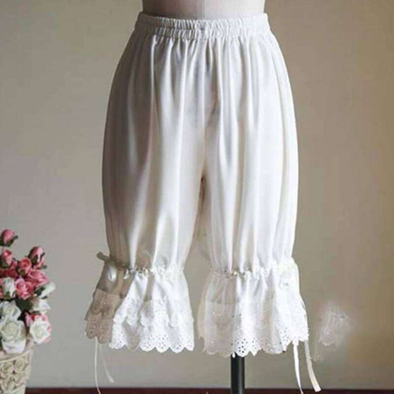 Vintage Solid Color Lantern Bloomers Ruffles Lace Hem Bow Shorts Wasit Wide Leg Elastic Bubble Pants