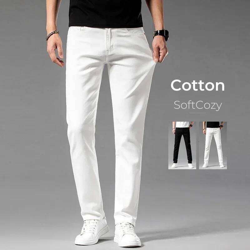 Summer New 98% Cotton Men's Casual Jeans White Classic Fashionable Stretch Straight Denim Trousers Black Brand Clothing Male