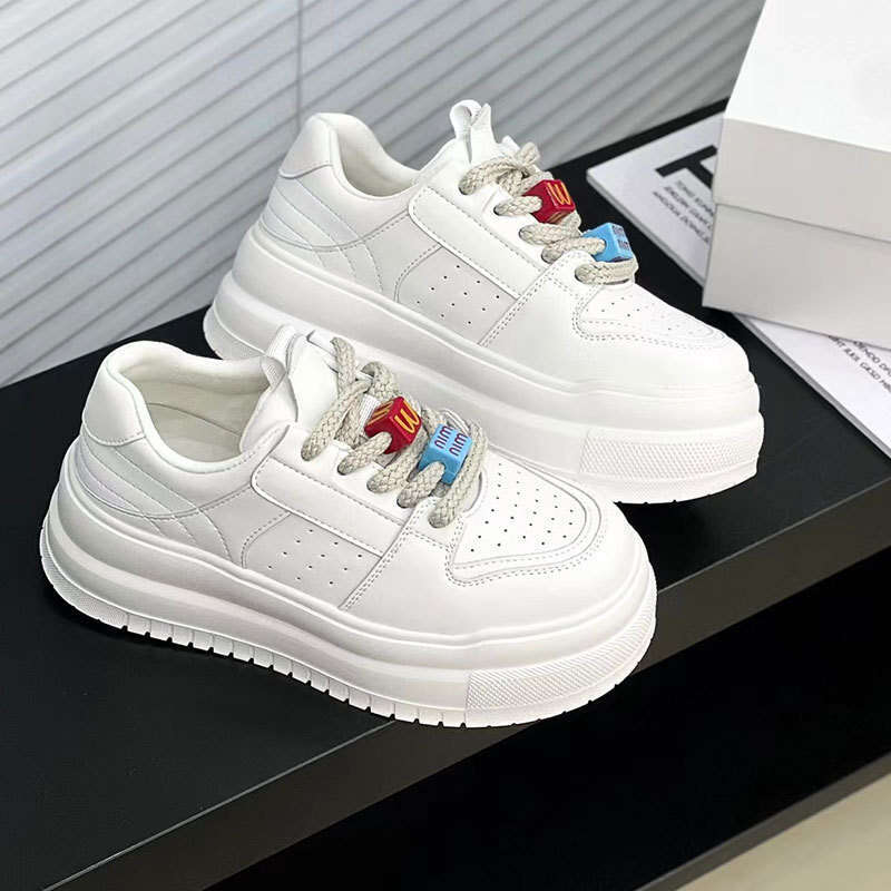2025 Spring Summer New Genuine Leather Women's Thick Height Increase 6CM White Shoes Platform Sole Casual Versatile Sneakers