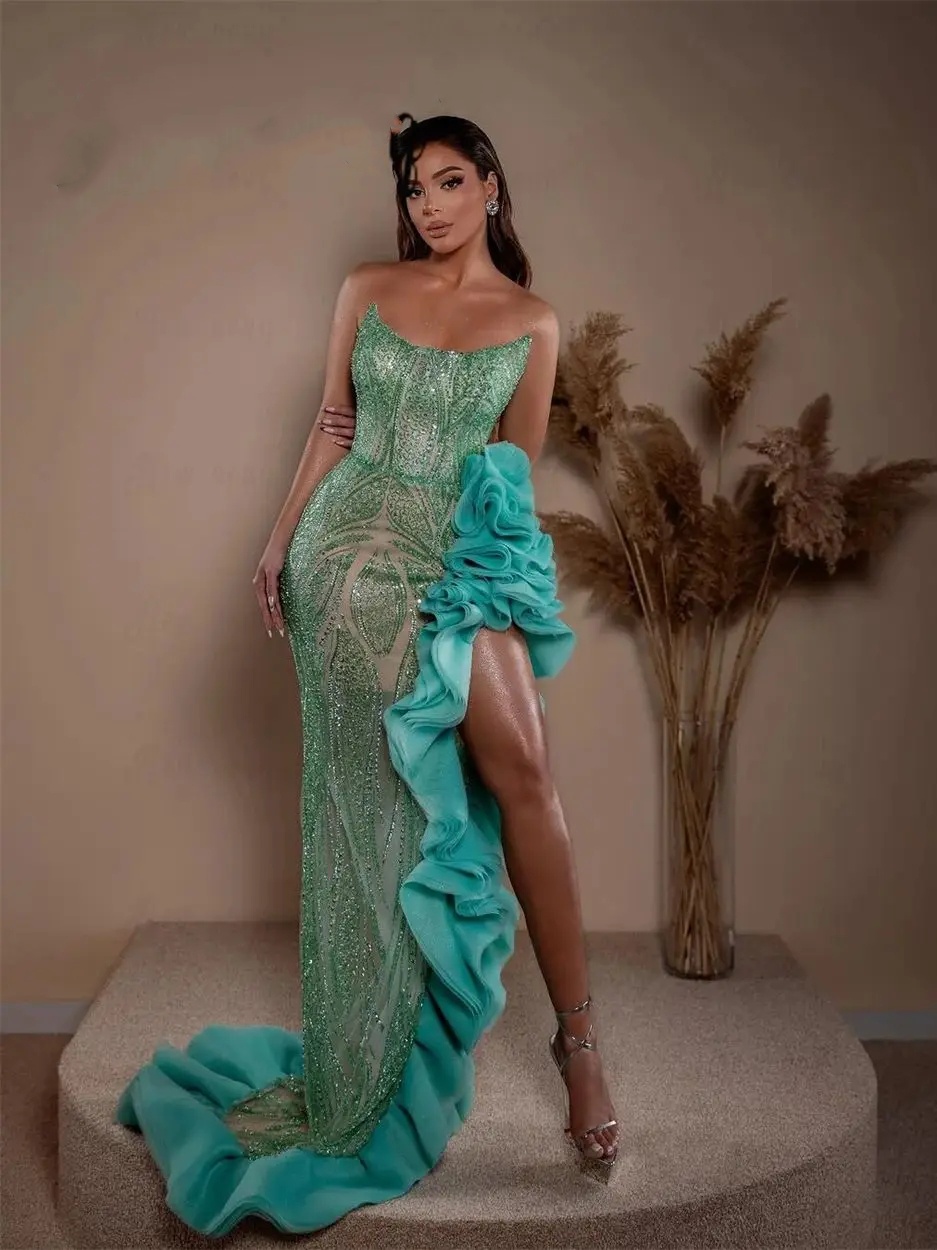 Sexy Strapless Sequined Evening Dresses Customized Sparkly Sleeveless Ruffle Prom Dress Side Slit Floor Length Party Gown