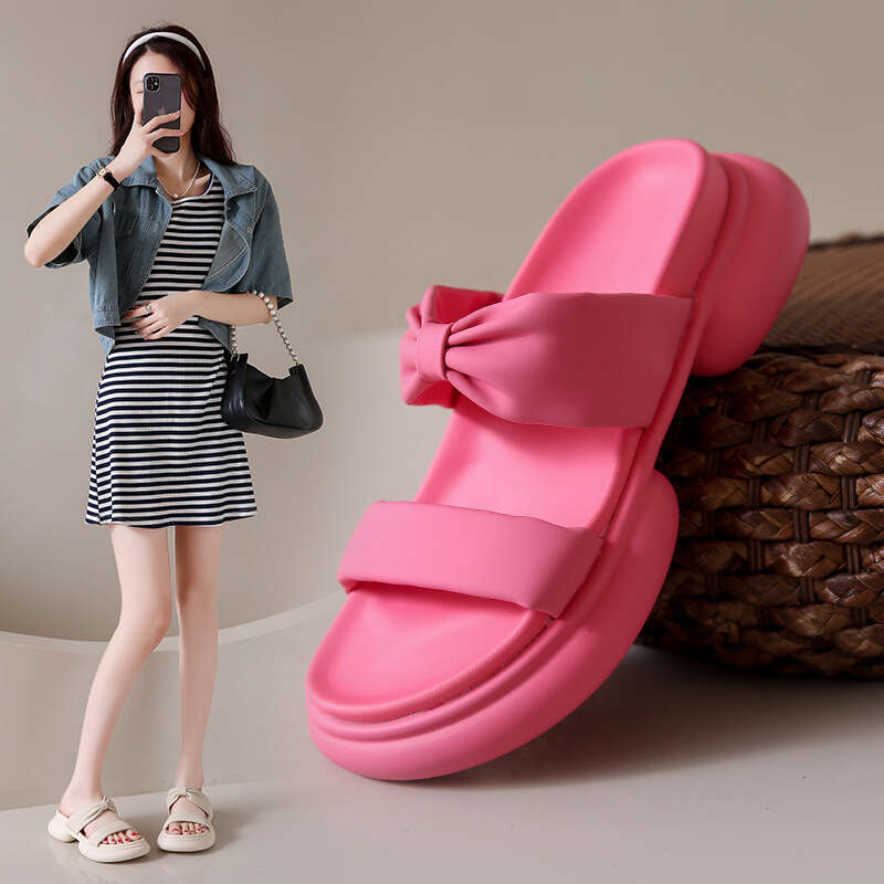 2023 Designer Bowknot Pink Open-Toe Thick-Soled Slippers for Women Fashionable Beach Sandals Summer
