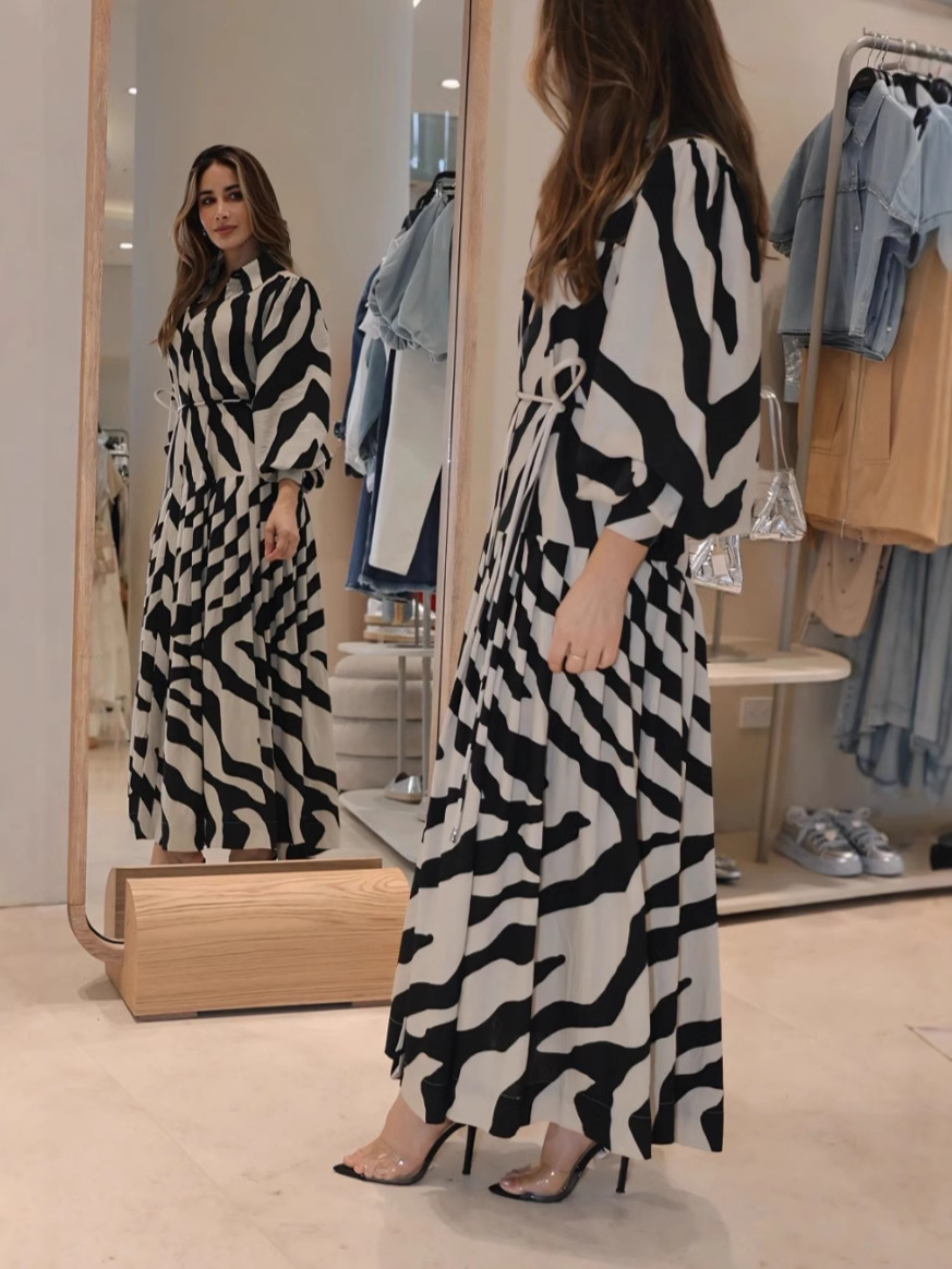 2025 European and American Summer New Elegant Printed Long Sleeve Trumpet Sleeves Fashionable Slimming Women's Dress