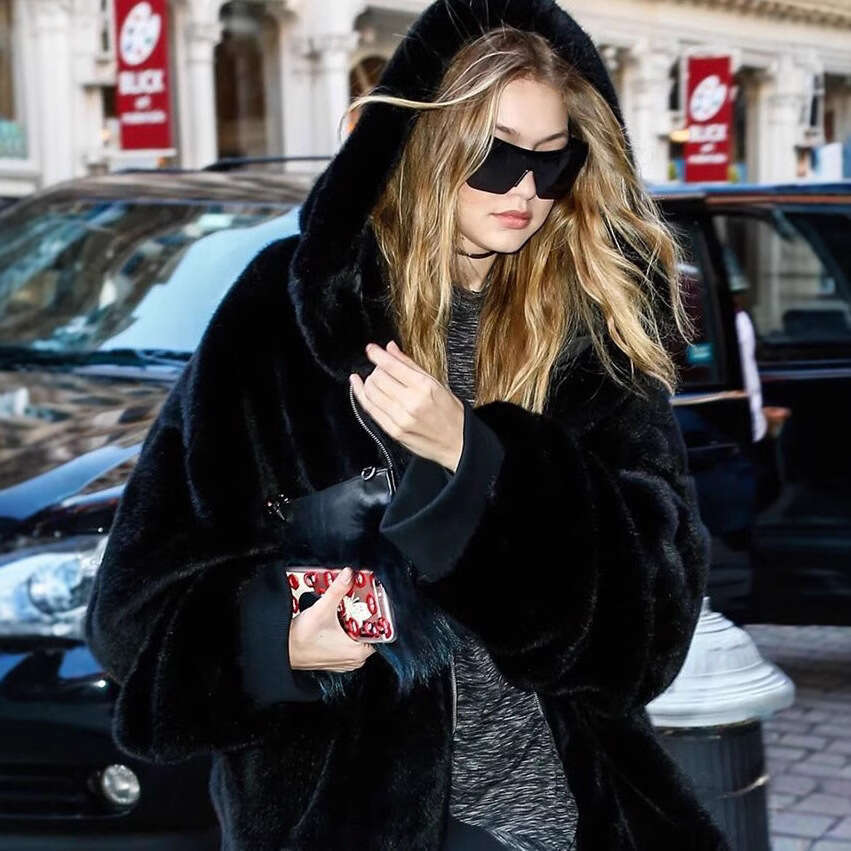 Women's Hooded Faux Fur Coat, Mid Length Coats, Loose Plush, Thickening, Warm, Casual, Fashion, Autumn, Winter, New, 2025