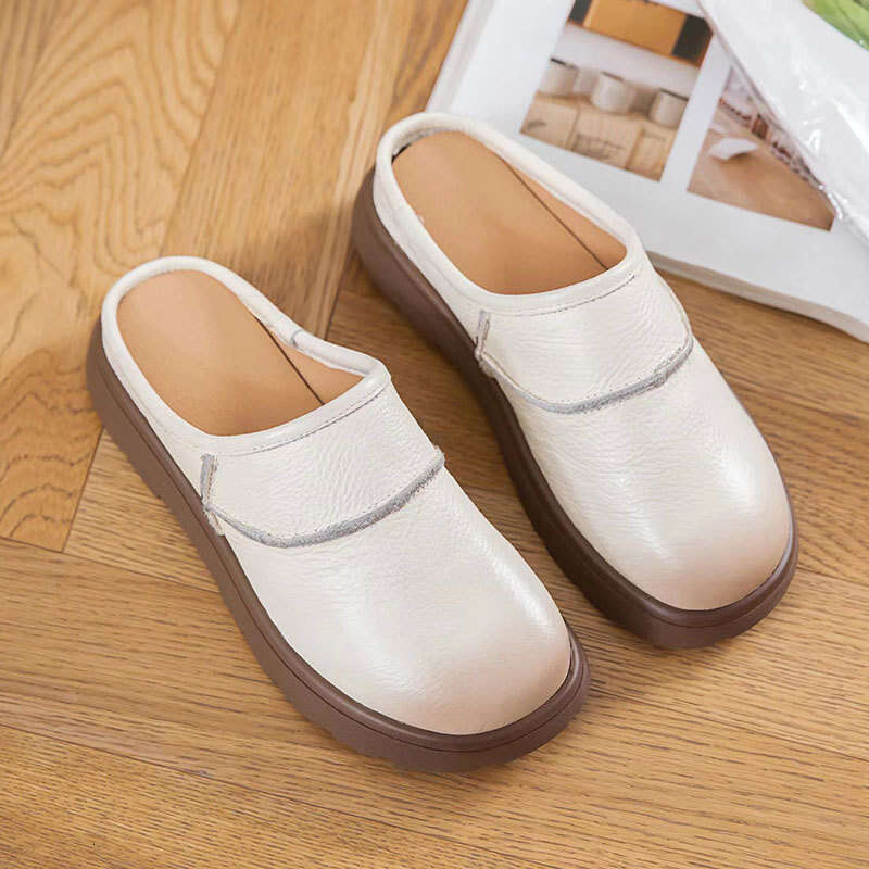 Cowhide Closed-Toe Soft Sole Half Slippers Women 2025 Summer New Versatile Genuine Leather Flat Sandals for Outdoor Wear