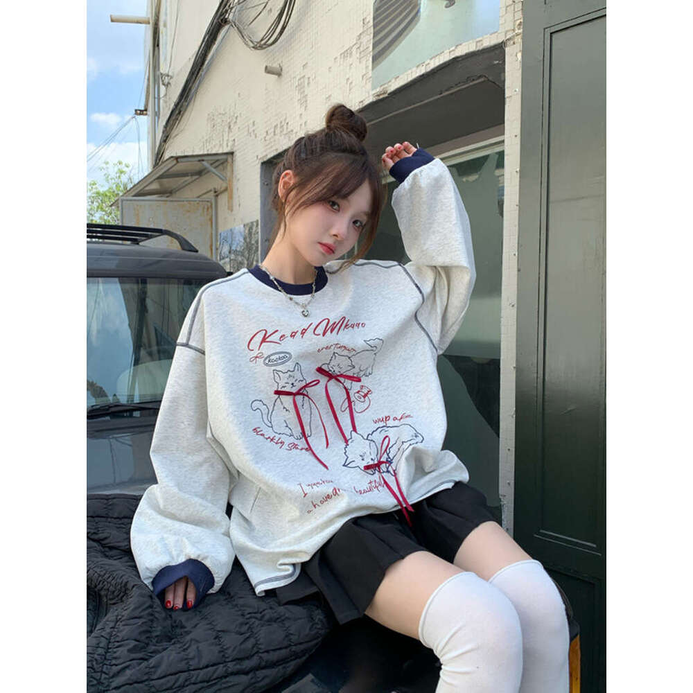 Cartoon Cat Print Bow Long Sleeve Sweatshirt for Women, New Autumn Design, Color-Block Lazy Style Loose Top