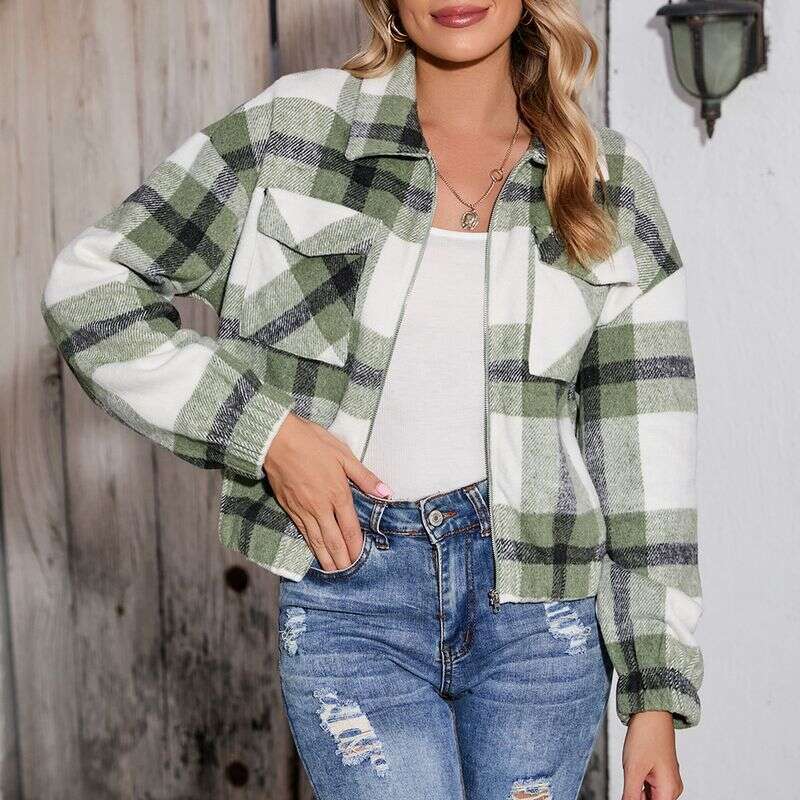 Women's Printed Plaid Versatile Pocket Zipper Jacket Autumn and Winter Casual Short