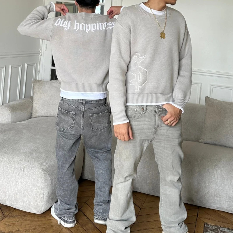 Y2K Grey Long Sleeve Sweater Dollar Gothic Embroidery Pullover Goth Retro Casual Streetwear Old Money Men Boxy Knitted Clothing 250820