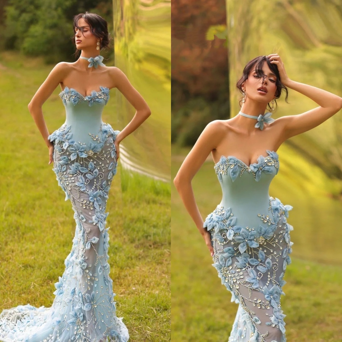 Fashion Sequins Evening Dresses 3D Floral Prom Gowns Rhinestone Illusion Sleeveless Princess Sweep Train Customized Vestidos De Noche Plus Size