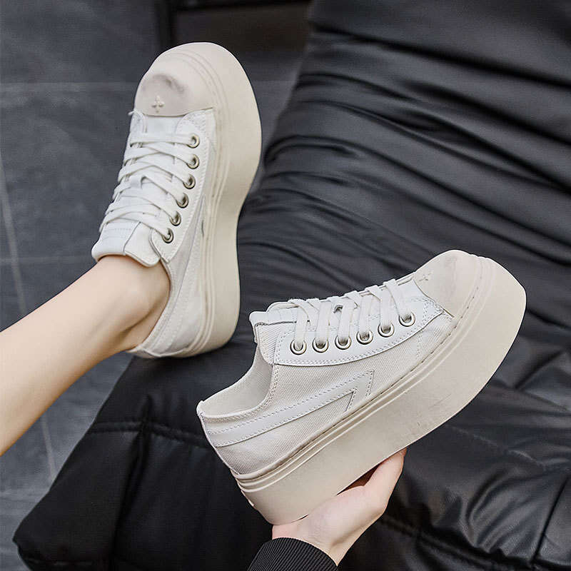 2025 Summer Canvas Cross Flower Board Women's Casual White Distressed Thick Sole Cookie Shoes