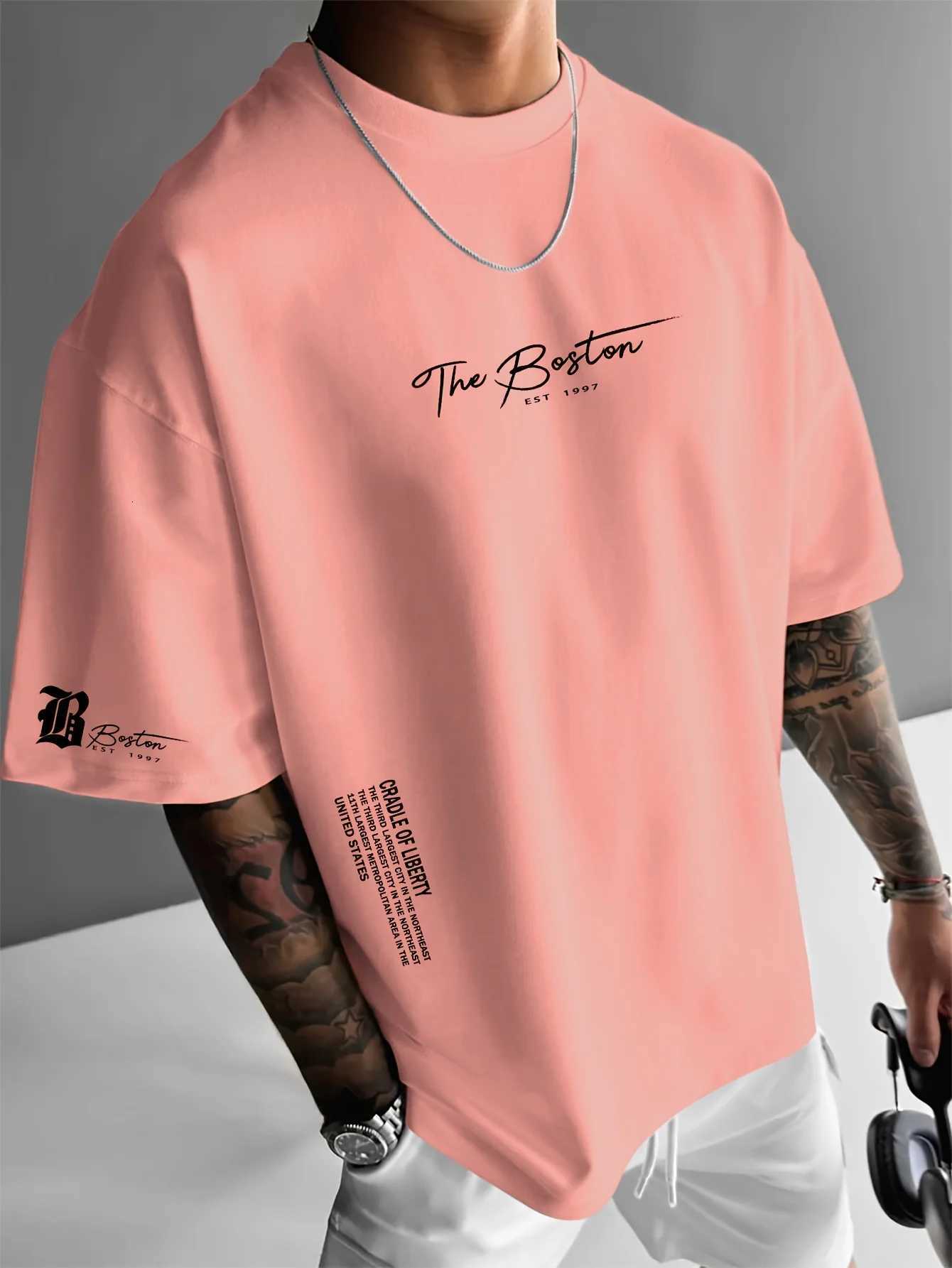 Mens summer 100 cotton fashionable casual sports loose Boston city slogan printed round neck short sleeved T-shirt top Y250819