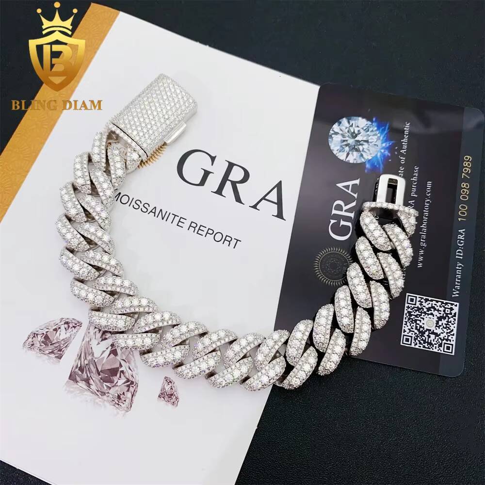 16mm Hip Hop Jewelry 925 Sterling Silver VVS Diamond Moissanite Iced Out Miami Cuban Link Chain Bracelet Necklace