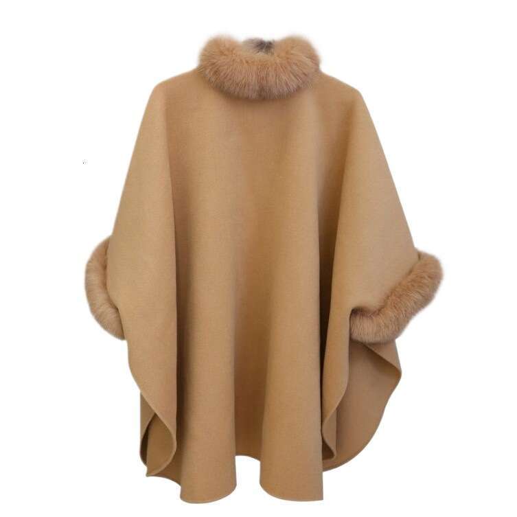 Elegant Women Cape Coat Batwing Sleeve Faux Fur Cuff Lady Pure Color Simple Cape Coat
